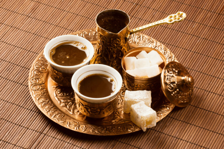 Turkish Coffee: The Definition and Meaning Golden Turkish coffee set