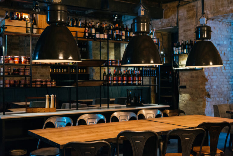 modern cafe with wooden tables
